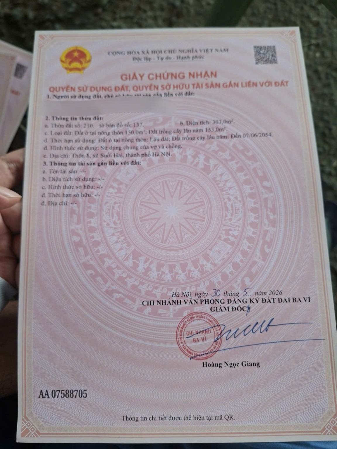 BV26 — Giấy chứng nhận thửa 210