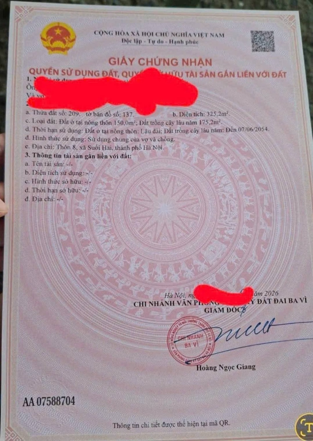 BV26 — Giấy chứng nhận thửa 209
