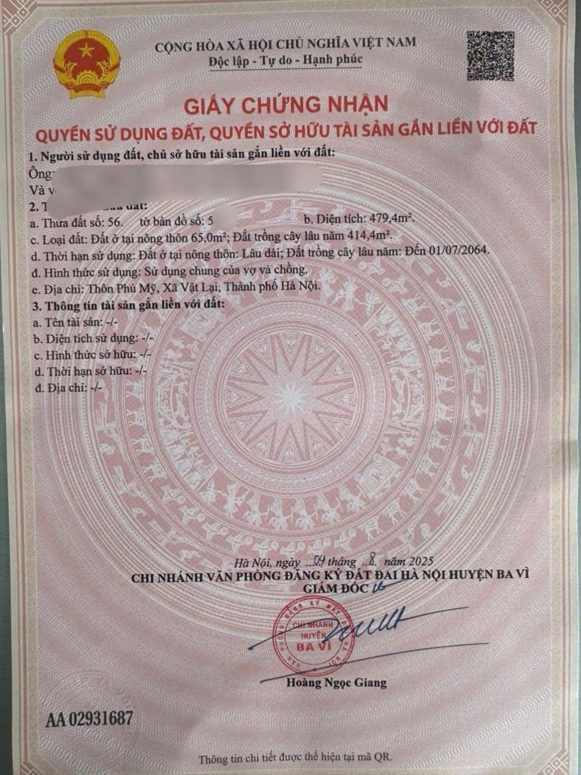 BV32 — Thông tin giấy chứng nhận